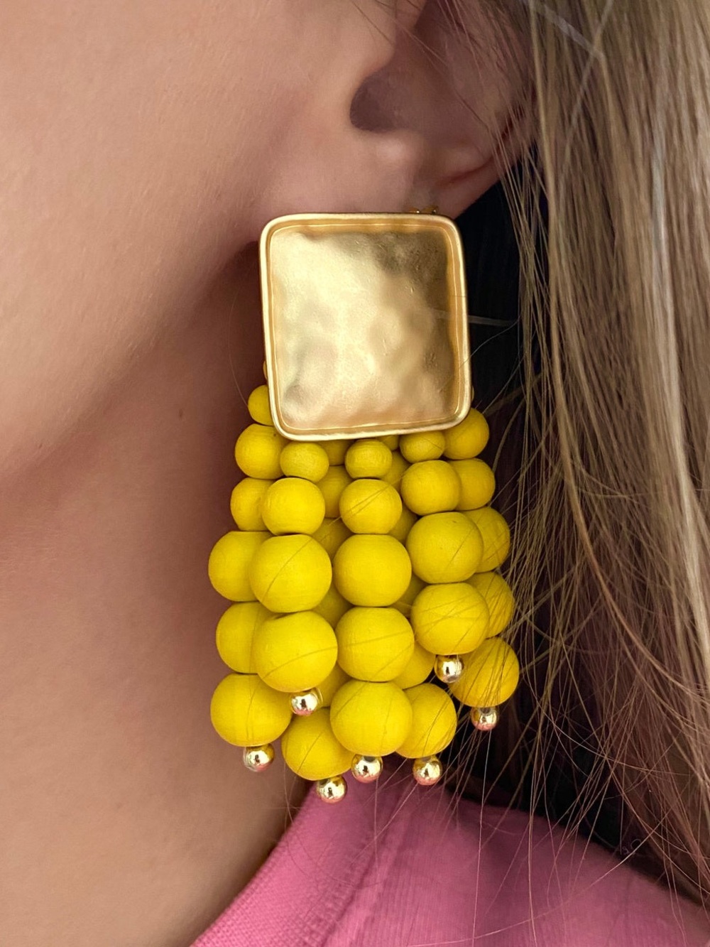 Yellow Beaded Tassel Drop Earrings